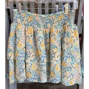 Forever 21 floral ruffle mini skirt yellow blue ivory SZ XS